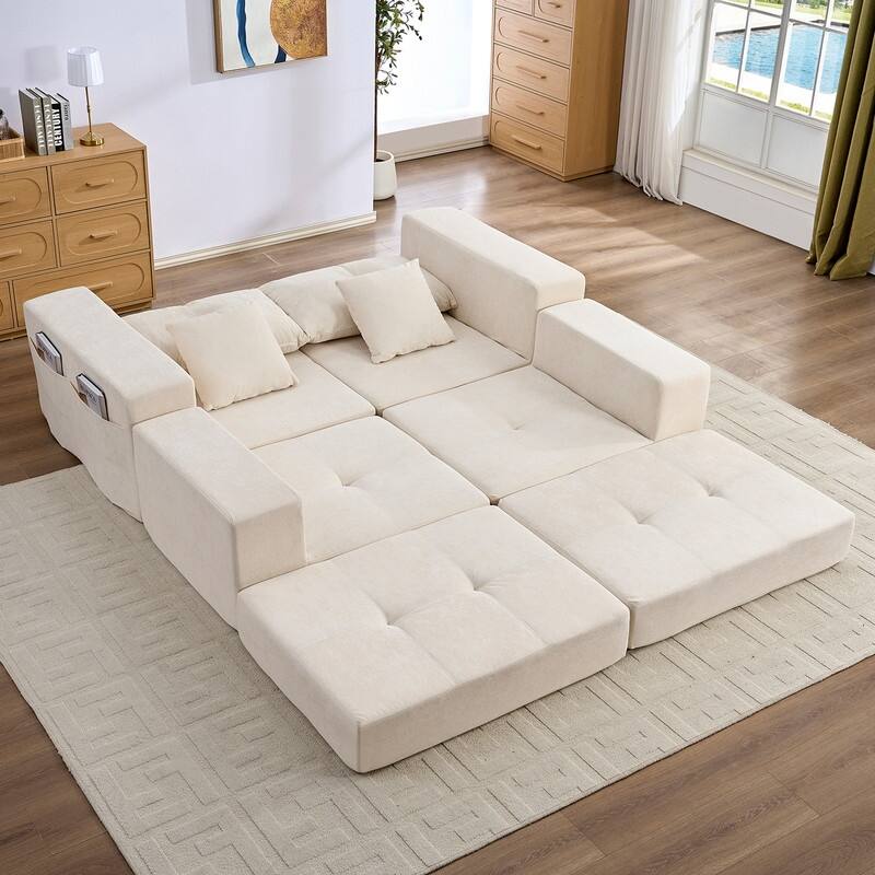 Mixoy 6-PCS Double Deep Seat Modular Sectional Sofa,Free Combinations Modern Chenille Sleeper Sofa Bed,No Assembly Required