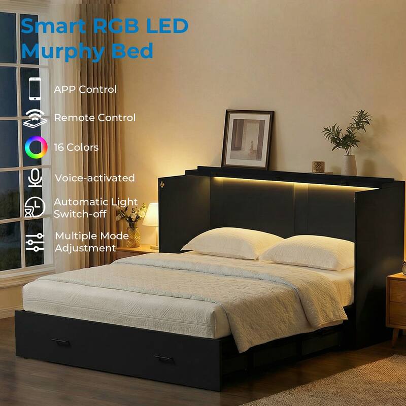 Mixoy Smart RGB LED Murphy Bed,Space Saving Cabinet Bed with Storage