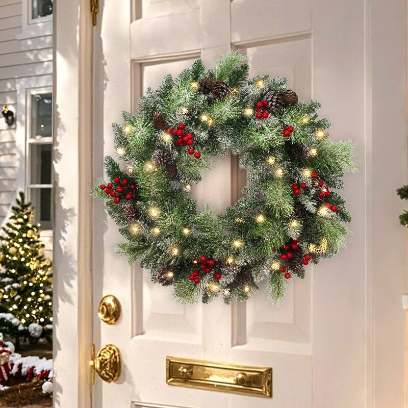 Maypex 24'' Lighted Faux Christmas Wreath - Green - 24.00" L x 24.00" W x 5.00" H