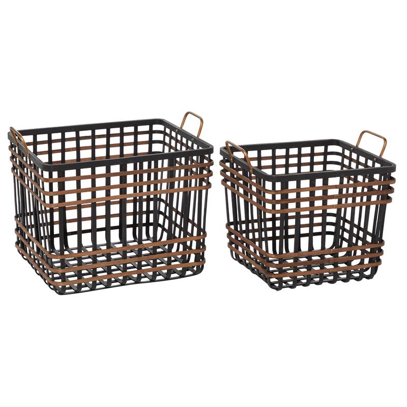 Black Seagrass Decorative and Functional Storage Basket with Handles (Set of 2)