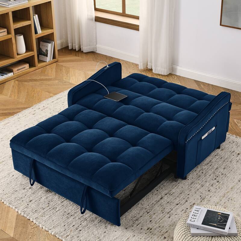 Roomfitters Velvet Loveseat Sofa Bed with Pull-Out Bed, Adjustable Back, USB & Type-C Charging, Arm Pockets