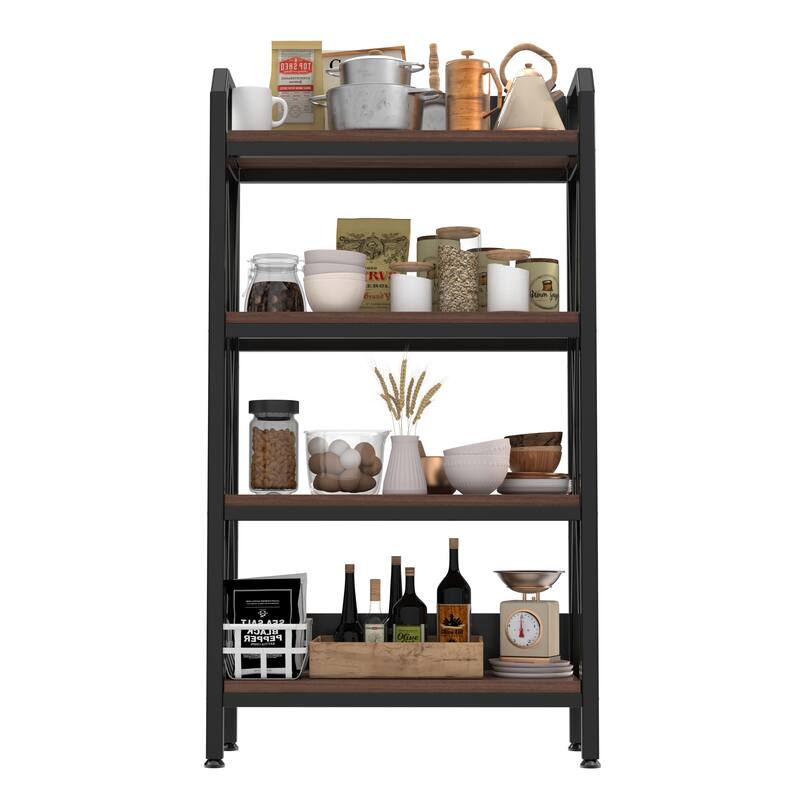 4-Tier Kitchen Storage Rack with Black Metal Frame and Brown Wooden Shelves Perfect for Pantry - 33.5”L x 15.8”W x 55.1”H