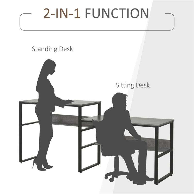 L Shaped Office Desk with Dual Level Design Standing and Sitting Workstation Gray Finish Sturdy Home Office Table