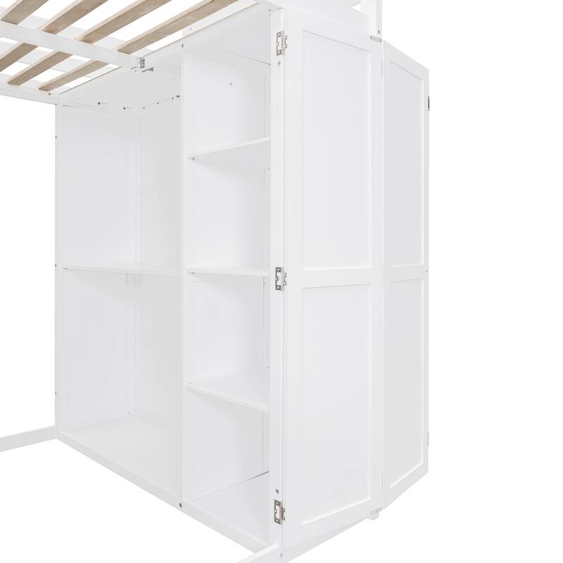 Full Size Loft Bed with Wardrobe & Desk - Space Saving Bed Frame with Built-in Shelves, for Bedroom, Dorm & Small Spaces
