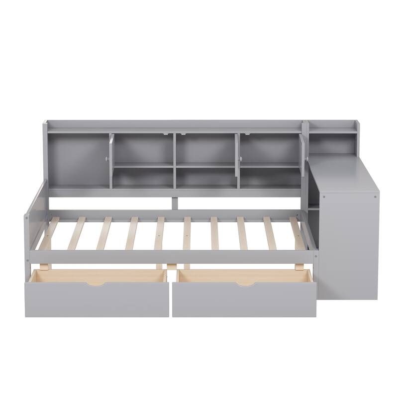 Multi-functional Daybed with Storage Cabinets and Storage Drawers,Study Desk and Built-in Bookshelf