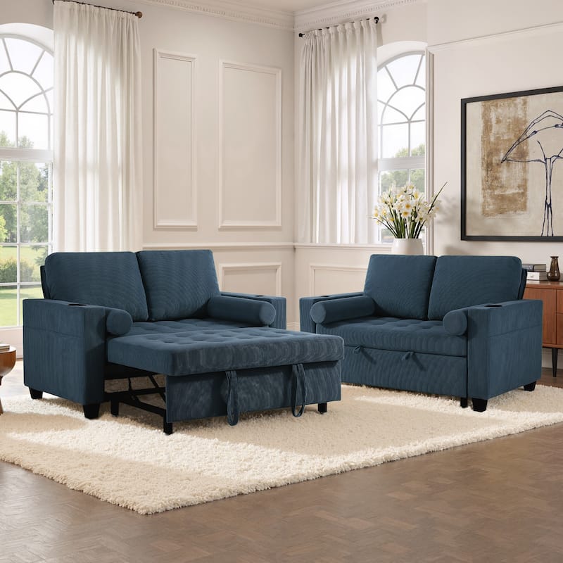 Set of 2 Corduroy Convertible Sleeper Chairs Pull-Out Chair Beds with Adjustable Recline - Navy