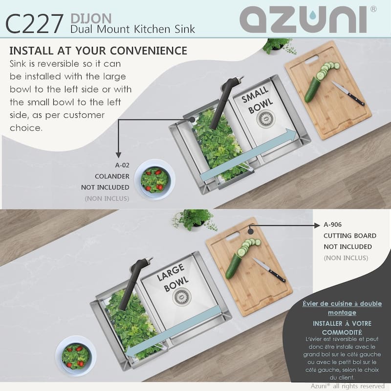AZUNI 27 inches L x 18 inches W Double Bowl 60/40 Dual Mount 16G Reversible Kitchen Sink with Grids and Basket Strainers