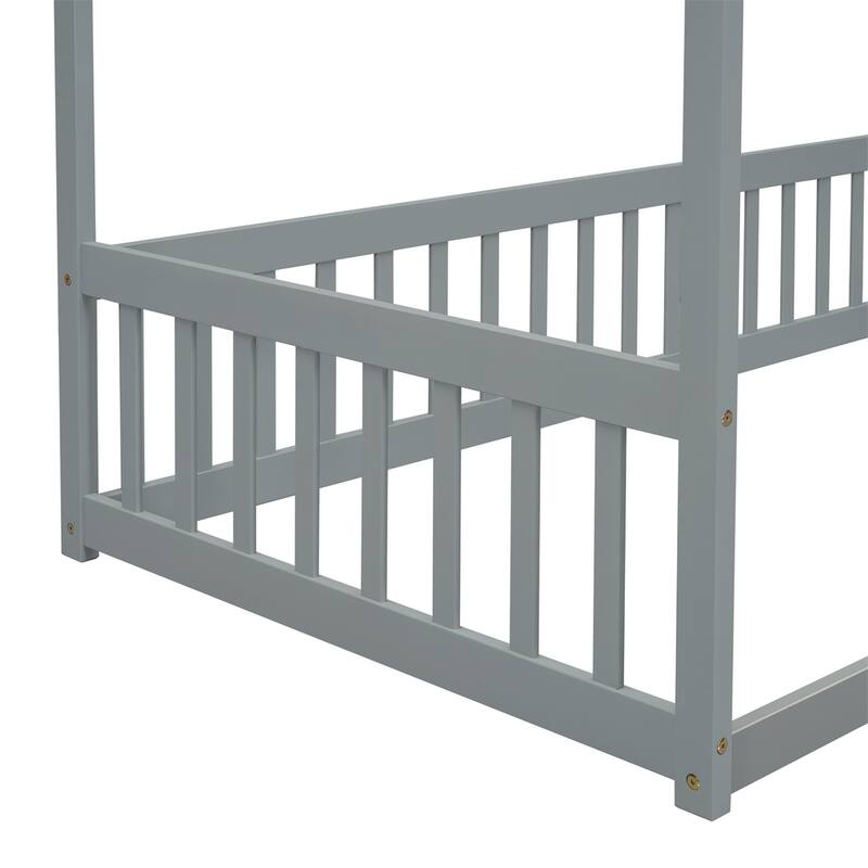 Twin Size Canopy Frame Floor Bed with Fence,Guardrails