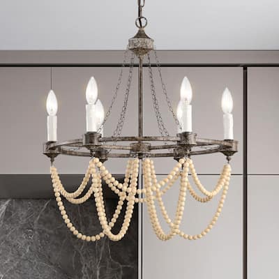 Wagon Wheel Chandelier Bronze Wood Beaded Chandeliers 6-Light