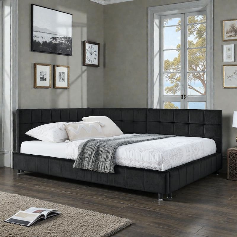 Full Size Velvet Upholstered Tufted Daybed Frame with Backrest and Armrest, Mid-Century Sofa Bed for Bedroom or Living Room - Black - Full