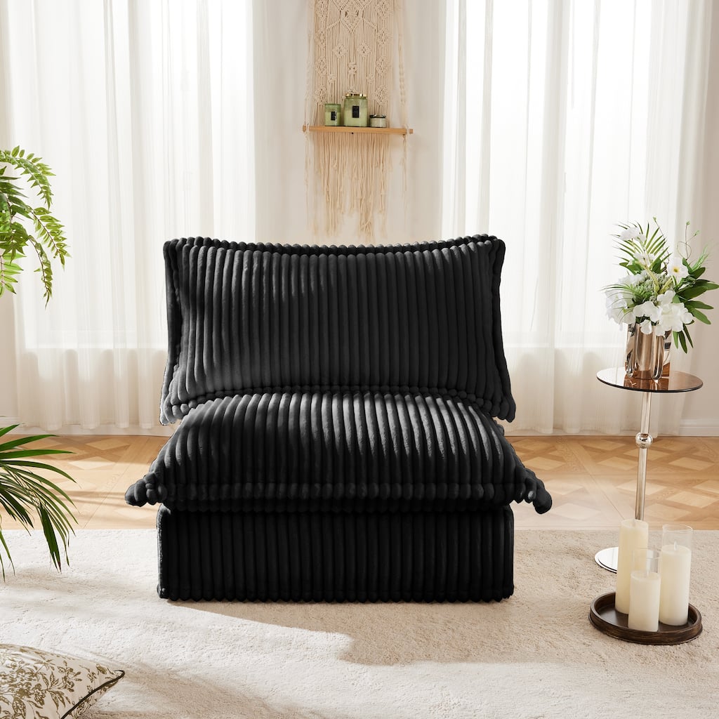 Armless Black Corduroy Sofa, 37x33x35 inches