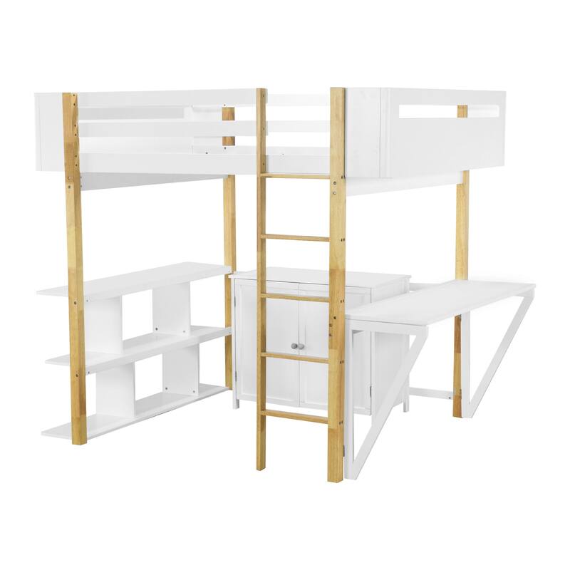 Wooden Loft Bed with Foldable Desk and Built-in Storage Cabinet, Wood Loft Bedframe with Full-Length Guardrails and Shelves