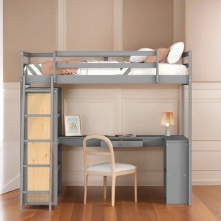 Solid Wood Maximized Space Twin Size Loft Bed Kids Bed with Ladder Shelves and Desk Kids Furniture, Gray