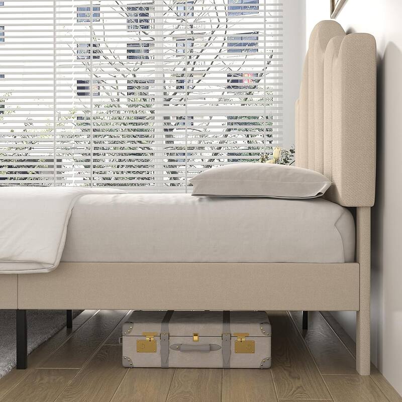VECELO Modern Upholstered Platform Bed with Adjustable Headboard, Dark Blue/ White/ Grey/ Beige Bed Frames