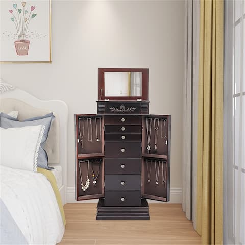 Standing Jewelry Armoire with Mirror, 5 Drawers & 6 Necklace Hooks