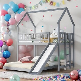 Twin over Full House Bunk Bed with Slide and Built-in Ladder,Full-Length Guardrail,House Roof Design,No Box Spring Needed,Gray
