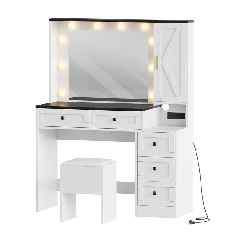 Lighted Makeup Vanity Desk with 10 LED Lights, 3 Colors, Charging Station & Stool