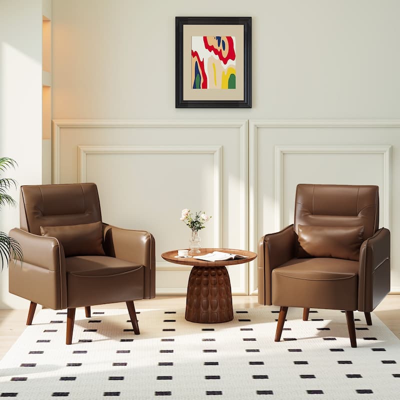 Button Tufted Faux Leather Accent Chair Armchair with Solid Sagwan Wooden Frame