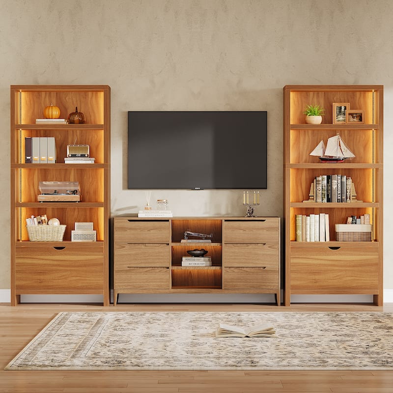 70.9" Tall Bookcase with File Drawer, 5-Tier Bookshelf with LED Lights