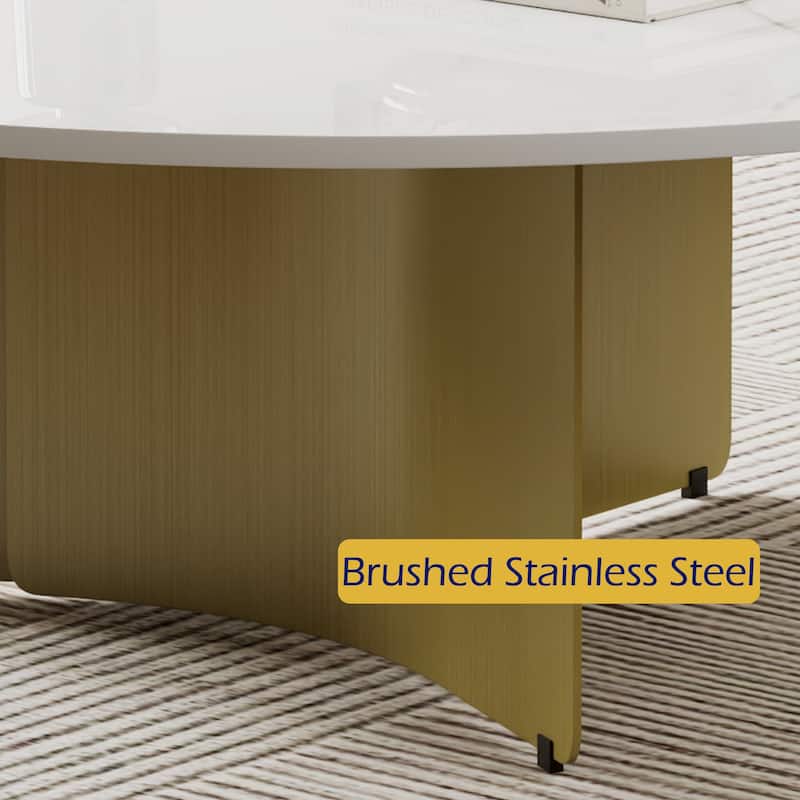 35.43" Modern Round Coffee Table, White Glossy Sintered Stone Table top, Stainless Steel Legs