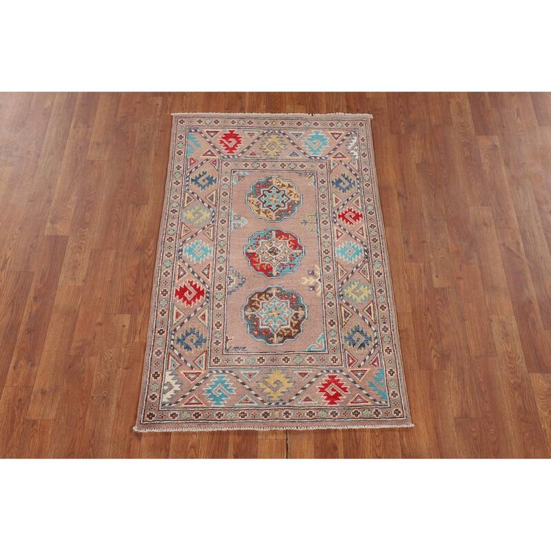 Traditional Beige Kazak Accent Rug Hand-Knotted Wool Carpet - 2'8" x 4'3"