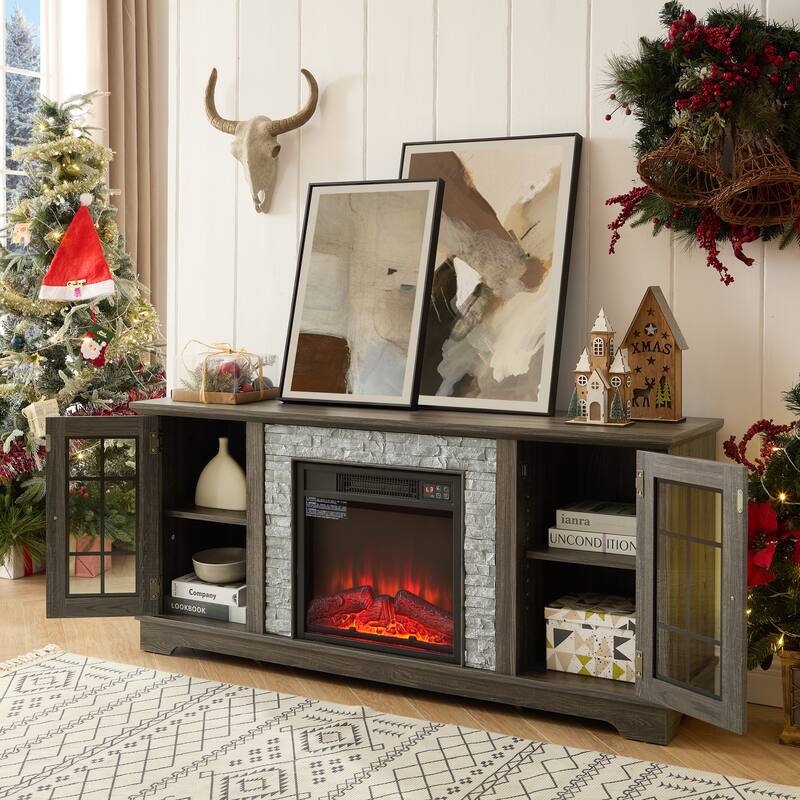 GDFStudio Eulalia Wood 2-Door Storage TV Stand with Faux Stone Mantle