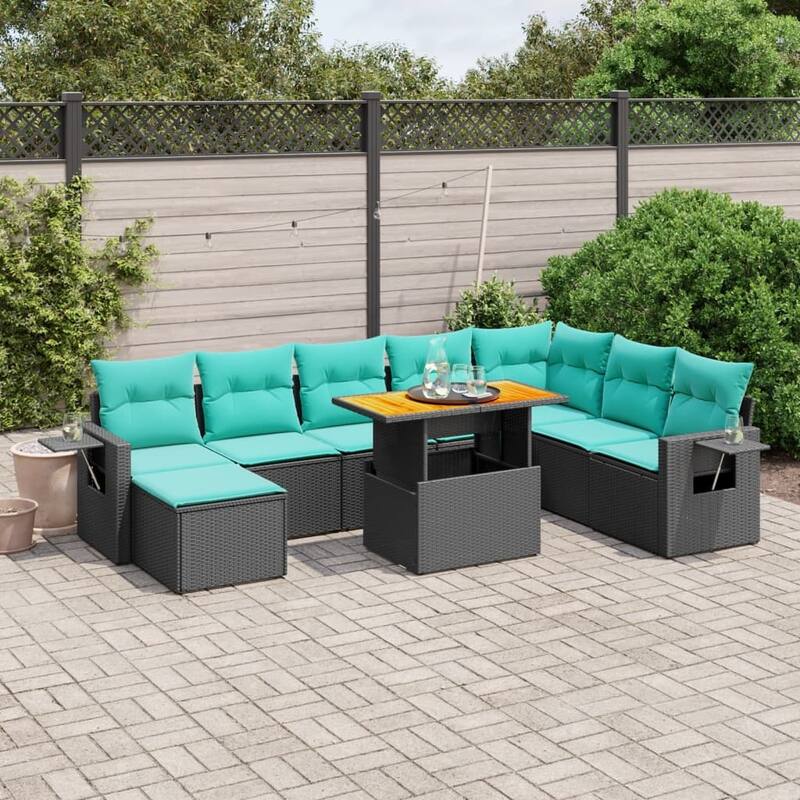vidaXL Patio Sofa Set with Cushions Outdoor Furniture 9 Piece Poly Rattan - Black-without storage - 21.7 x 24.4 x 27.2