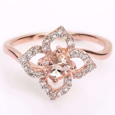 Miadora Cushion-cut Morganite and White Topaz Quatrefoil Floral Ring in Rose Plated Sterling Silver