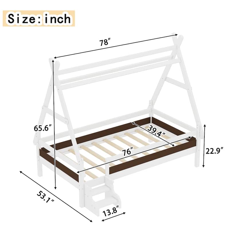 Roomfitters House Platform Bed with Stairs, Solid Wood Low Profile Frame with Roof Design for Playroom