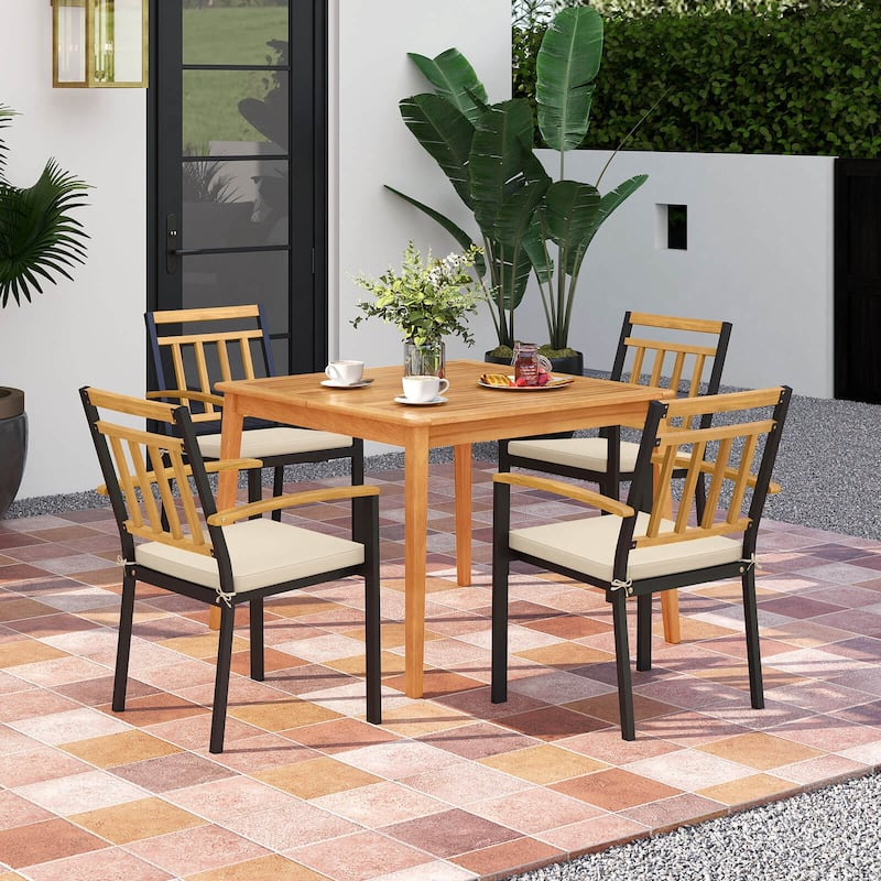 Costway 5 PCS Patio Acacia Wood Dining Set with Soft Seat Cushions - See Details - Natural + Black