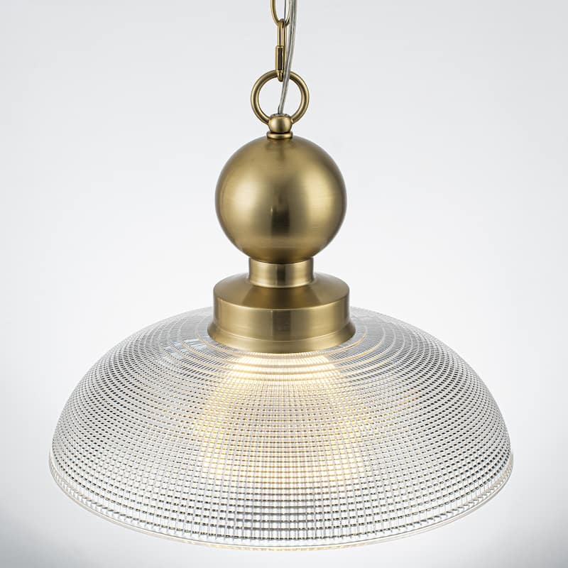 1-Light Gold Pendant Light Shallow Half-Dome Textured Grid Glass Shade - Dia.15.75-in
