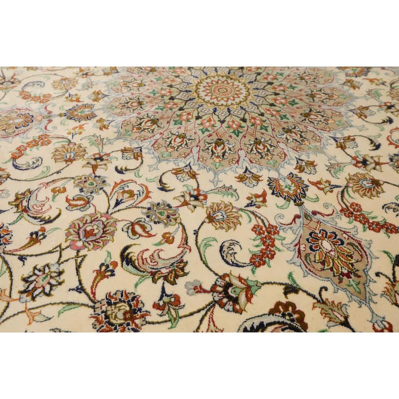 5x5 Round Hand Knotted Ivory Qum All Silk Traditional 600 KPSI Rug - 5' x 5' -Round