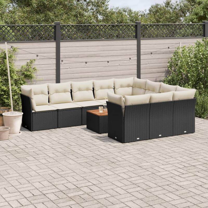 vidaXL Patio Sofa Set with Cushions Outdoor Furniture 11 Piece Poly Rattan - 21.7 x 21.7 x 14.6 - Black and Cream-6x middle+4x corner+table
