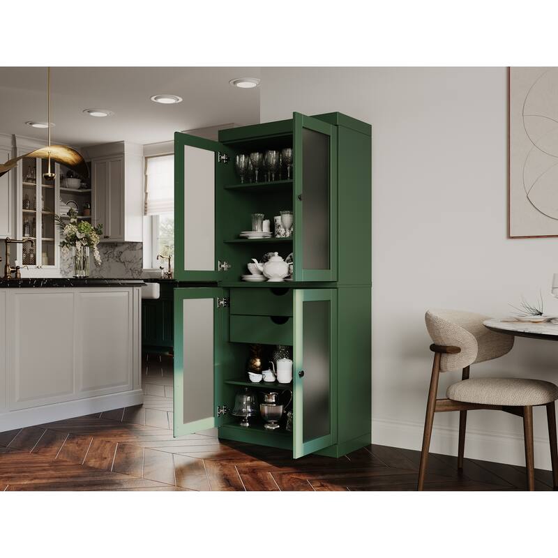 Palace Imports 100% Solid Wood Pantry Cabinet with Frosted Glass Doors, 2-Drawers and Adjustable Shelves - 32" x 71.5"
