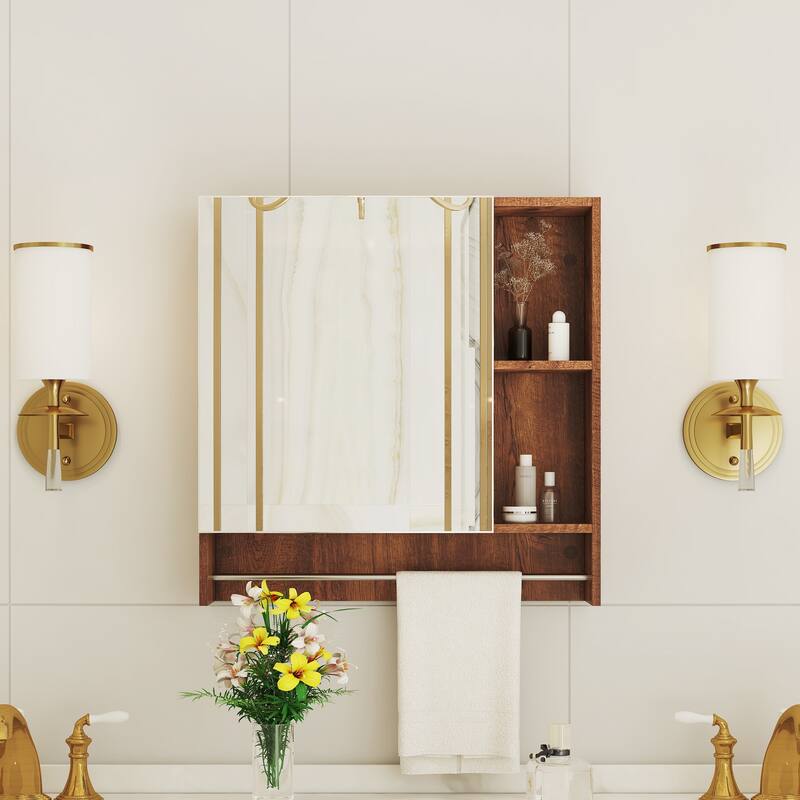 2-in-1 Mirror Cabinet Wall Medicine Cabinet Over The Toilet Storage Cabinet with High-Definition Mirror, Shelves and Towel Rack - Walnut