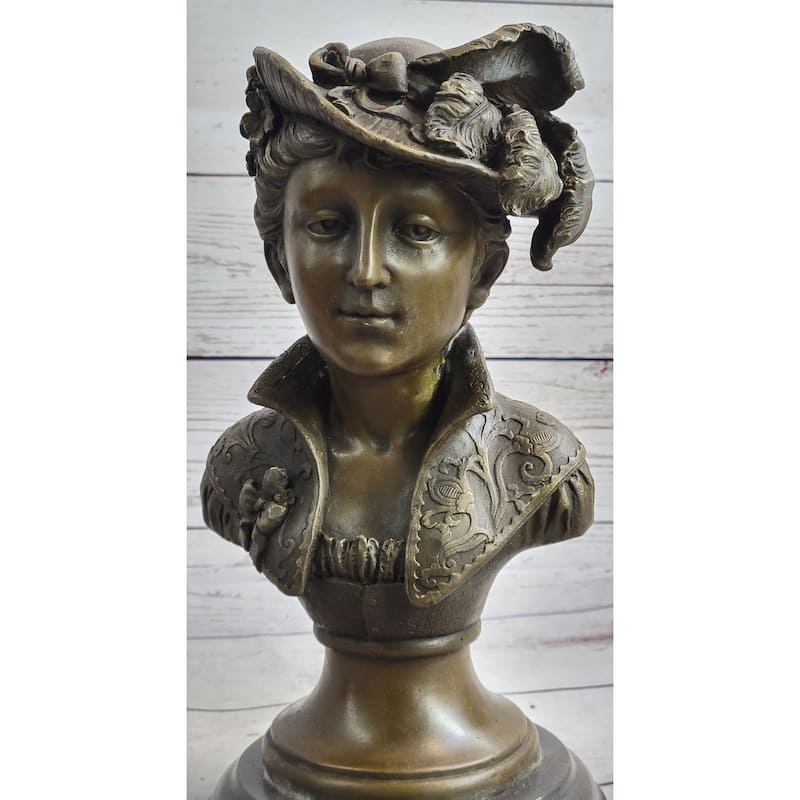 Victorian Era Woman In Feathered Hat Bronze Bust Statue Sculpture 11 Inches X 5 Inches