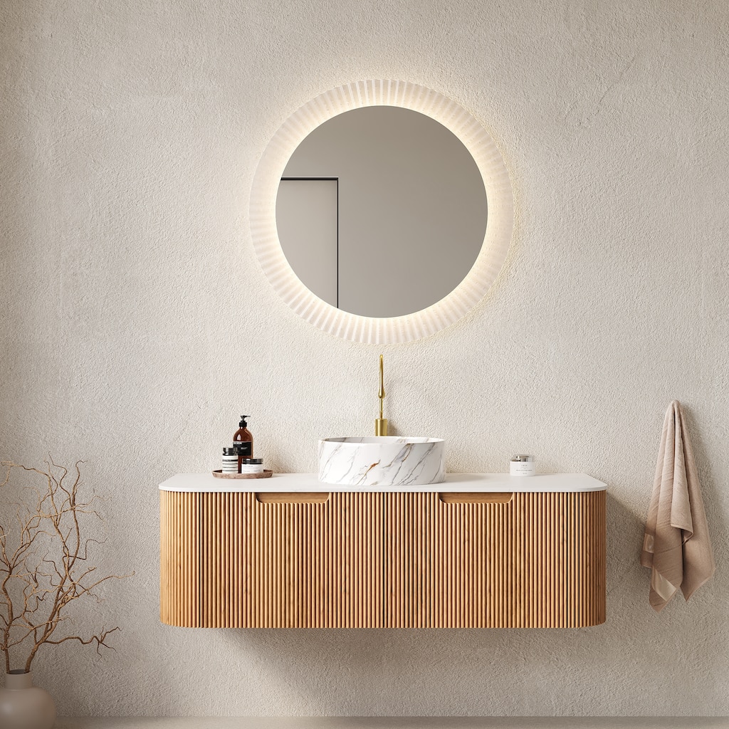 48" Bathroom Vanity, Wall-Mounted Curved Edges Striped Bathroom Storage Cabinet with 2 Drawers,White Round Ceramic Basin