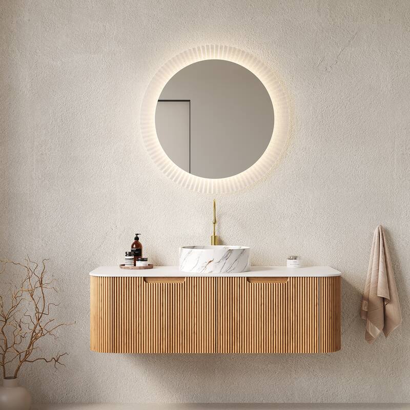 GDFStudio - Dina Modern 48" Floating Bathroom Vanity with Striped Curved Drawers & White Round Ceramic Basin, WITHOUT Faucet - Natural Wood