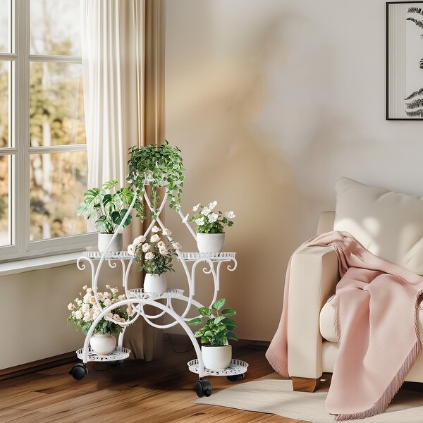 6-Potted Metal Plant Stand with Wheels Rack for Patio Porch