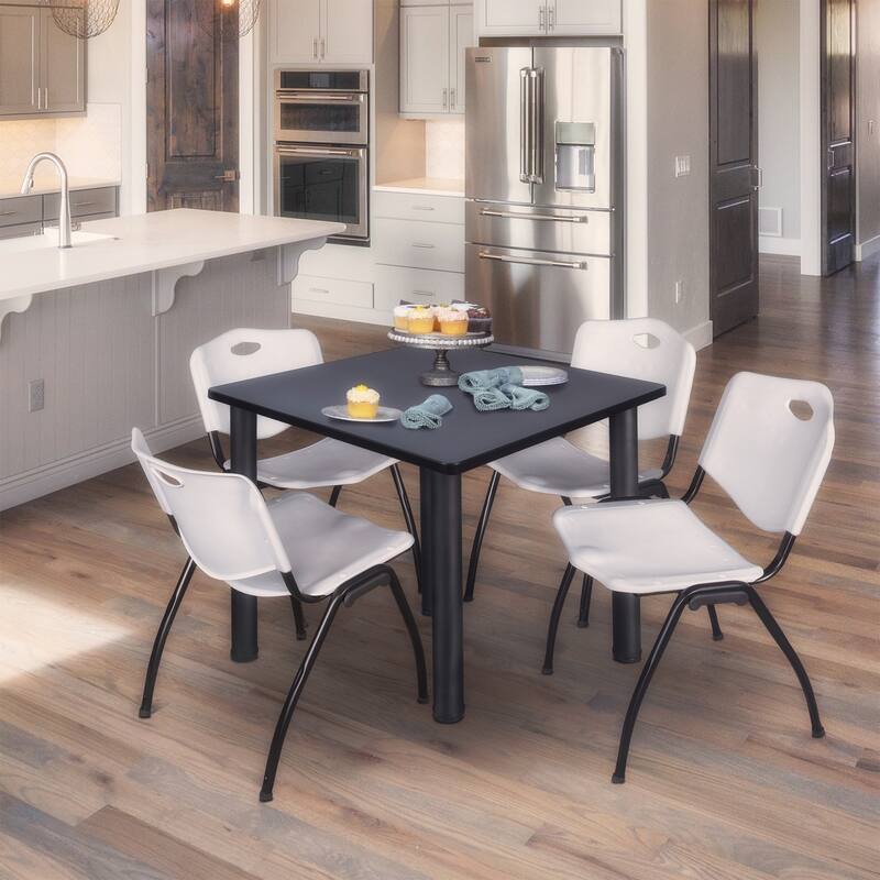 48 in. Square Breakroom Table- Grey/ Black & 4 'M' Stack Chairs- Grey
