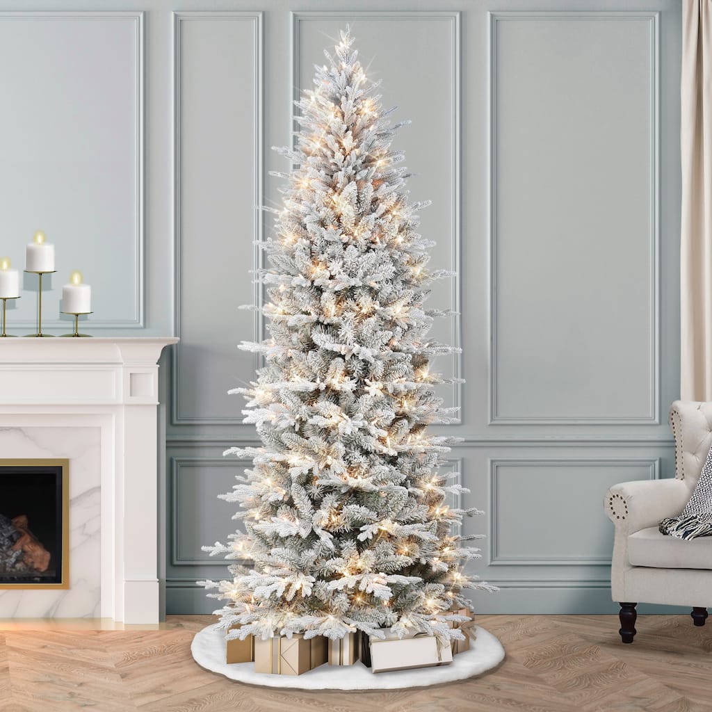 Puleo International 7.5 ft. Pre-lit Slim Flocked Northern Fir Artificial Christmas Tree