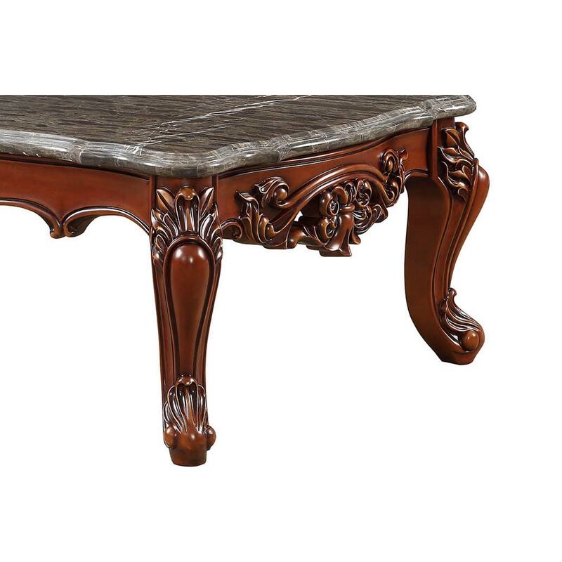 Traditional Style Rectangular Wood and Marble Coffee Table, Walnut Brown
