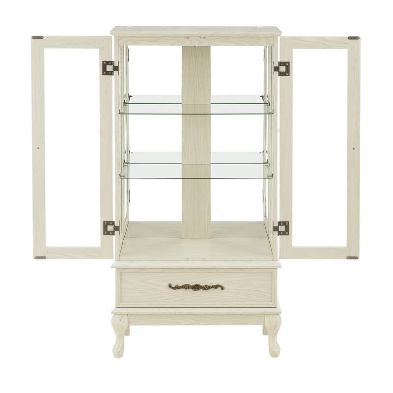 Vintage Display Cabinet with 2 Doors, Adjustable Glass Shelves and 1 Drawer