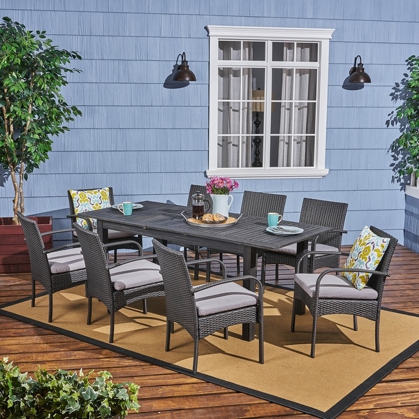 Elmar Outdoor Wood and Wicker 9-piece Expandable Dining Set by Christopher Knight Home. Opens flyout.