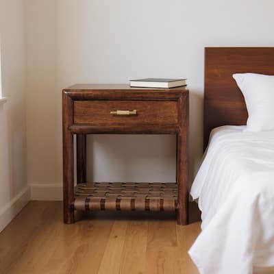HomeRoots 20" Chestnut Solid Wood One Drawer Nightstand With Leather Shelf