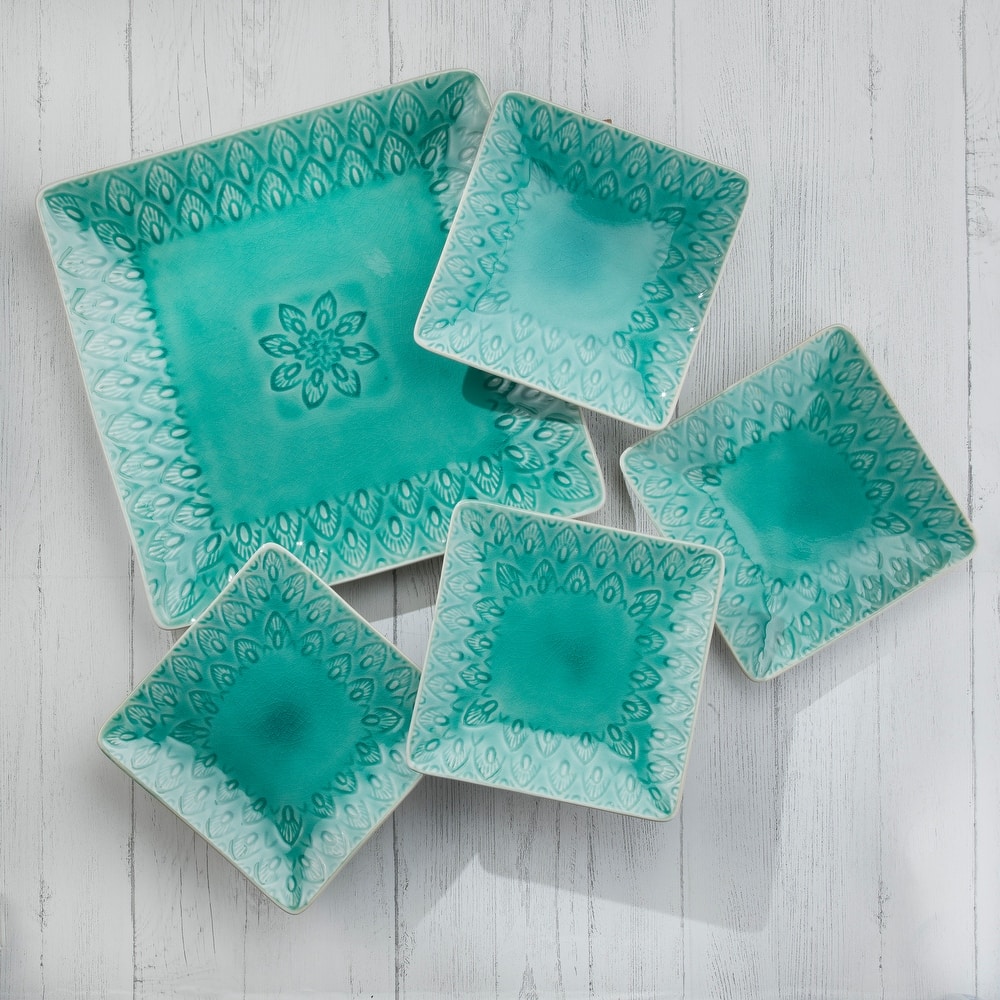 Euro Ceramica Peacock 5-Piece Stoneware Square Serving Platter and Appetizers Plates Set in Lagoon