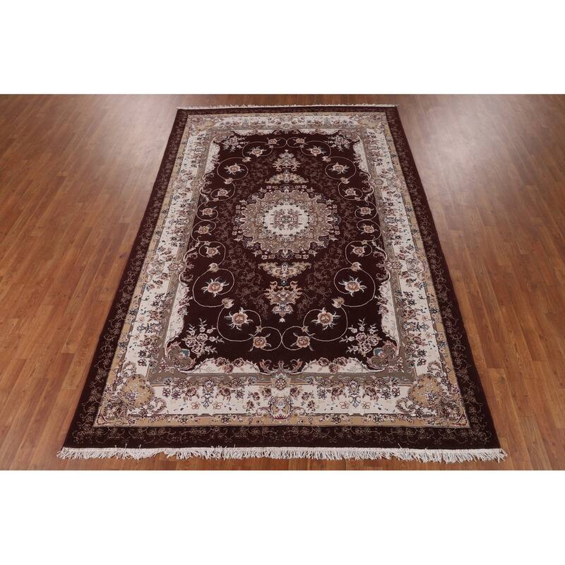 Burgundy Red Floral Kashan Turkish Rug Machine-Made Carpet - 6'7" x 9'10"