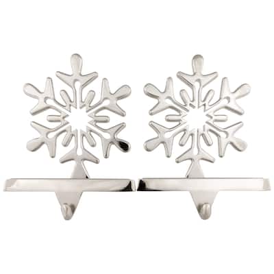 2 Solid Silver Snowflake Cutout Christmas Metal Stocking Holders 6.5"