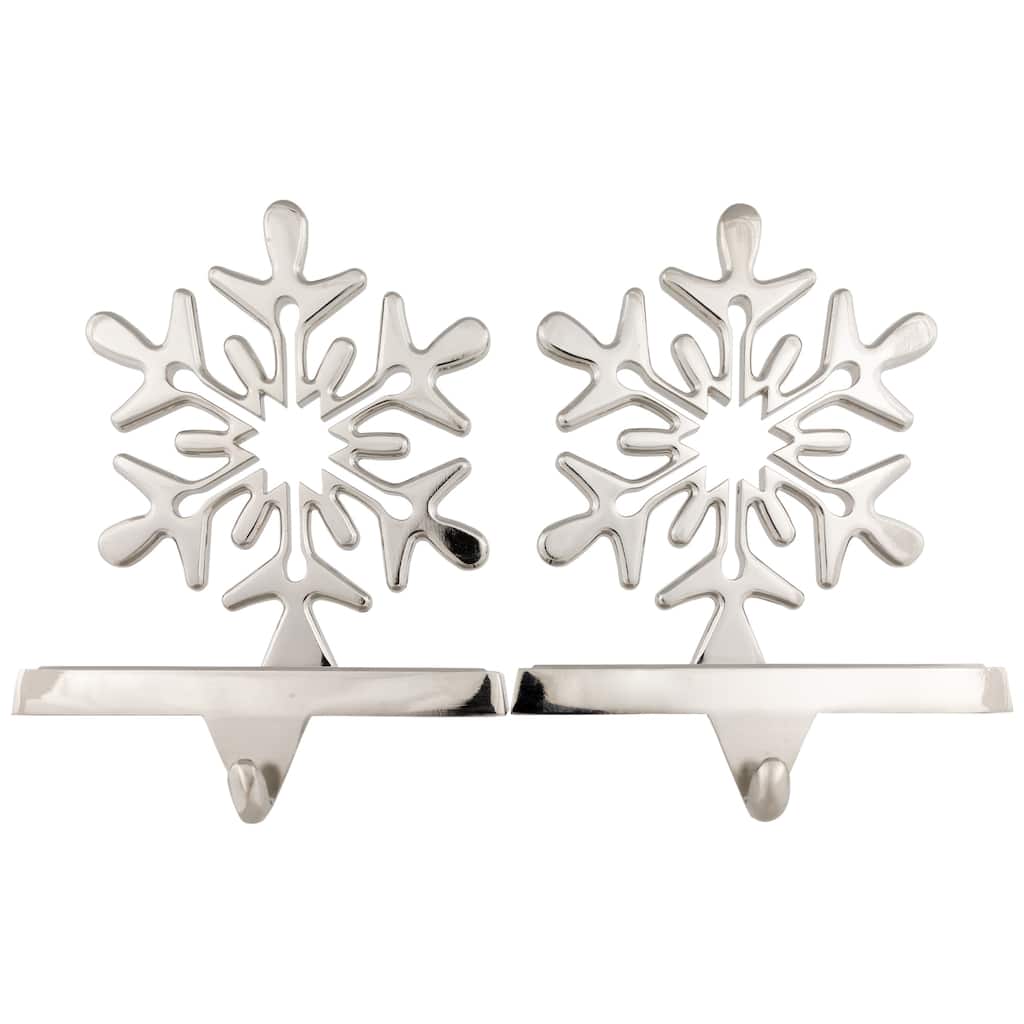 2 Solid Silver Snowflake Cutout Christmas Metal Stocking Holders 6.5"