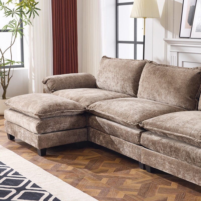 Full KD Double Cushion Chenille Sofa with Ottoman